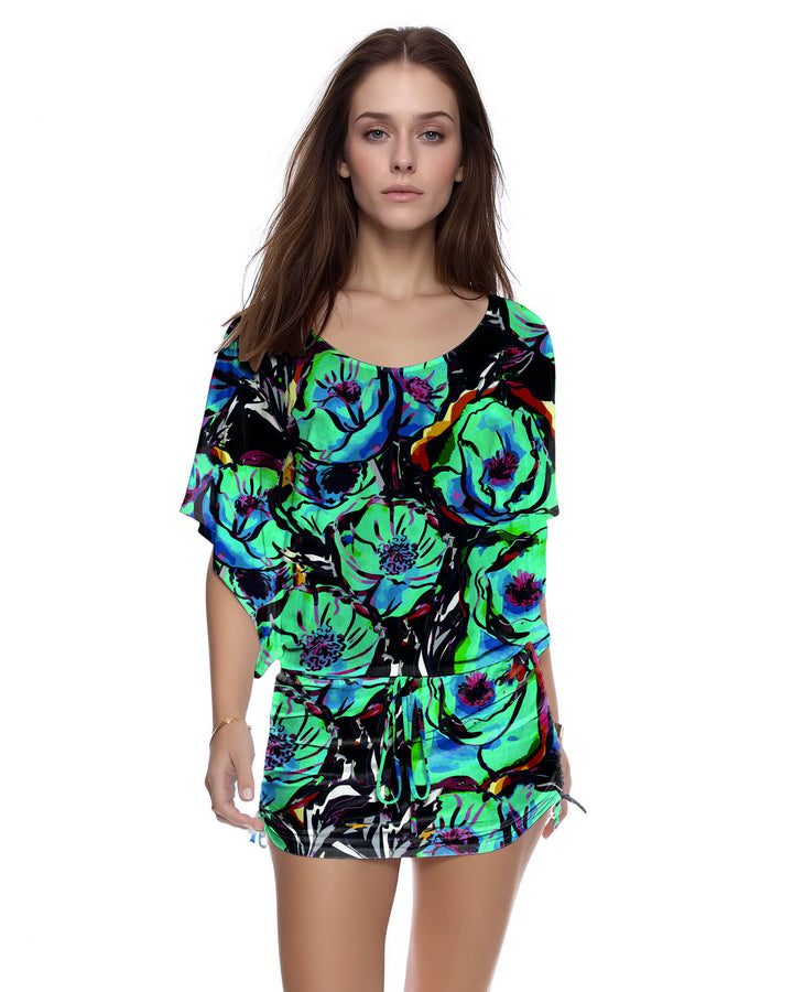 Beach Casual Printed Dolman Sleeve Drawstring Side Pleat Dress