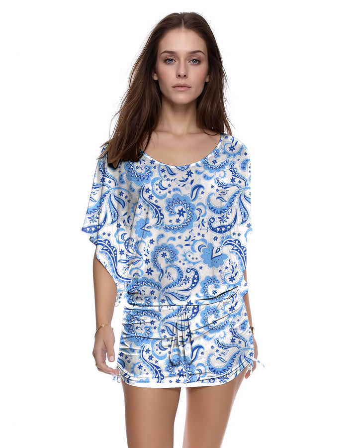 Blue Floral-Print Dolman-Sleeved Drawstring Side-Pleated Dress
