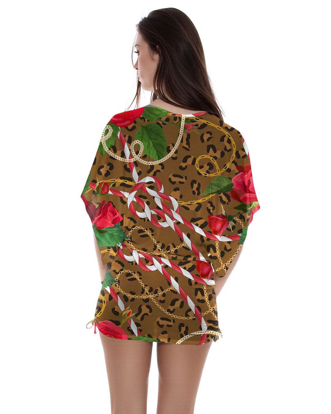 Chain Leopard Print Combo Dolman Sleeve Drawstring Side Pleat Dress