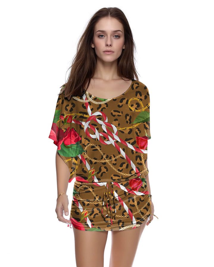 Chain Leopard Print Combo Dolman Sleeve Drawstring Side Pleat Dress