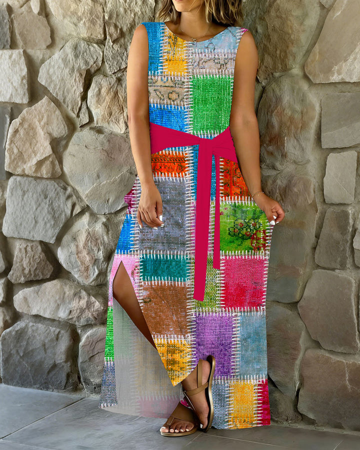 Distressed Print-stitched Maxi Dress