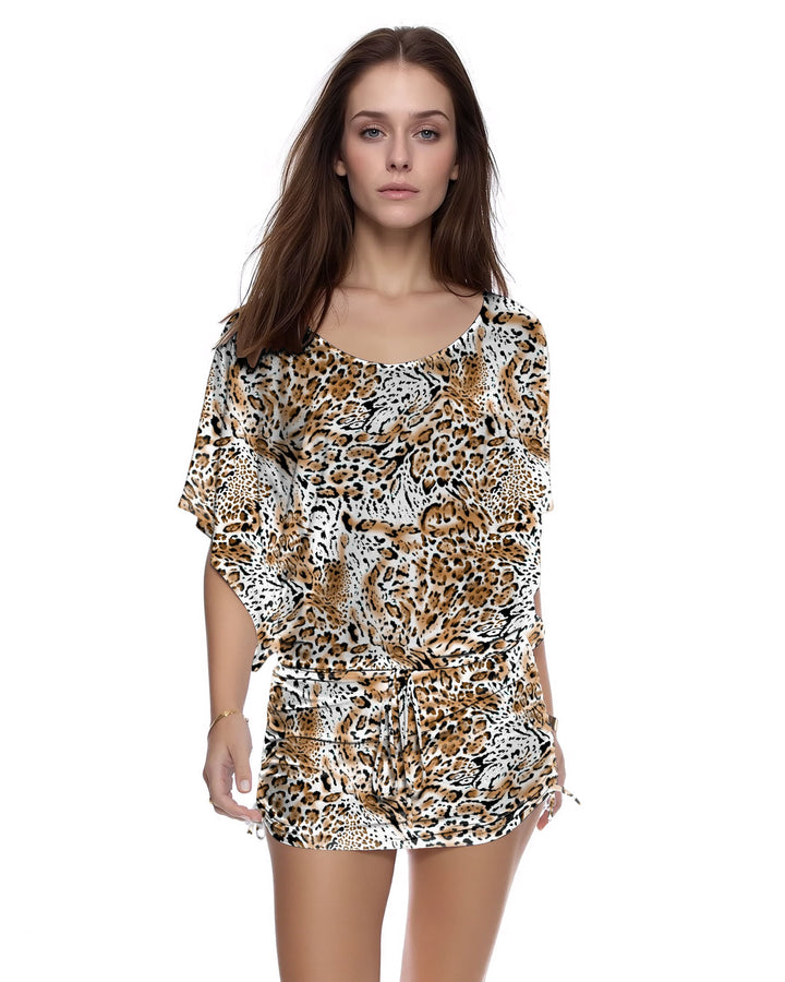 White Leopard-Print Dolman-Sleeve Drawstring Side-Pleated Dress
