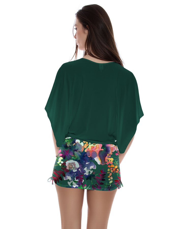 Solid Green Patchwork Printed Batwing Sleeve Drawstring Side Pleat Dress