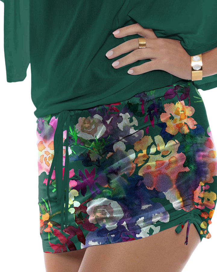 Solid Green Patchwork Printed Batwing Sleeve Drawstring Side Pleat Dress