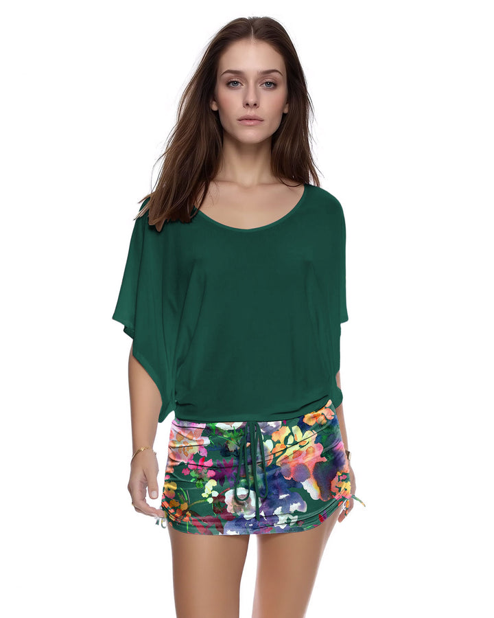 Solid Green Patchwork Printed Batwing Sleeve Drawstring Side Pleat Dress