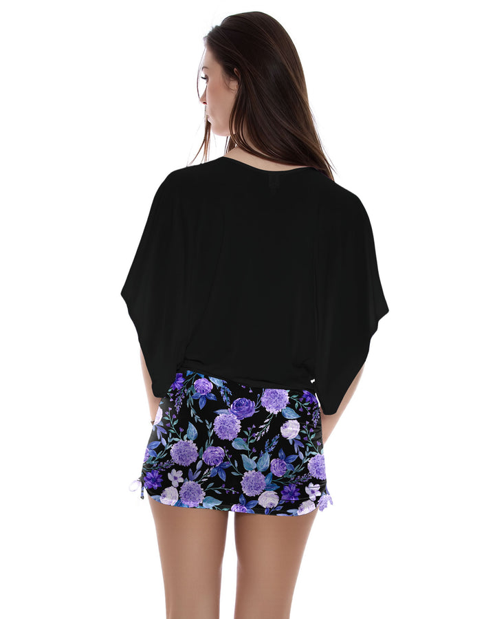 Pure Black Patchwork Purple Enchantress Printed Batwing Sleeve Drawstring Side Pleat Dress