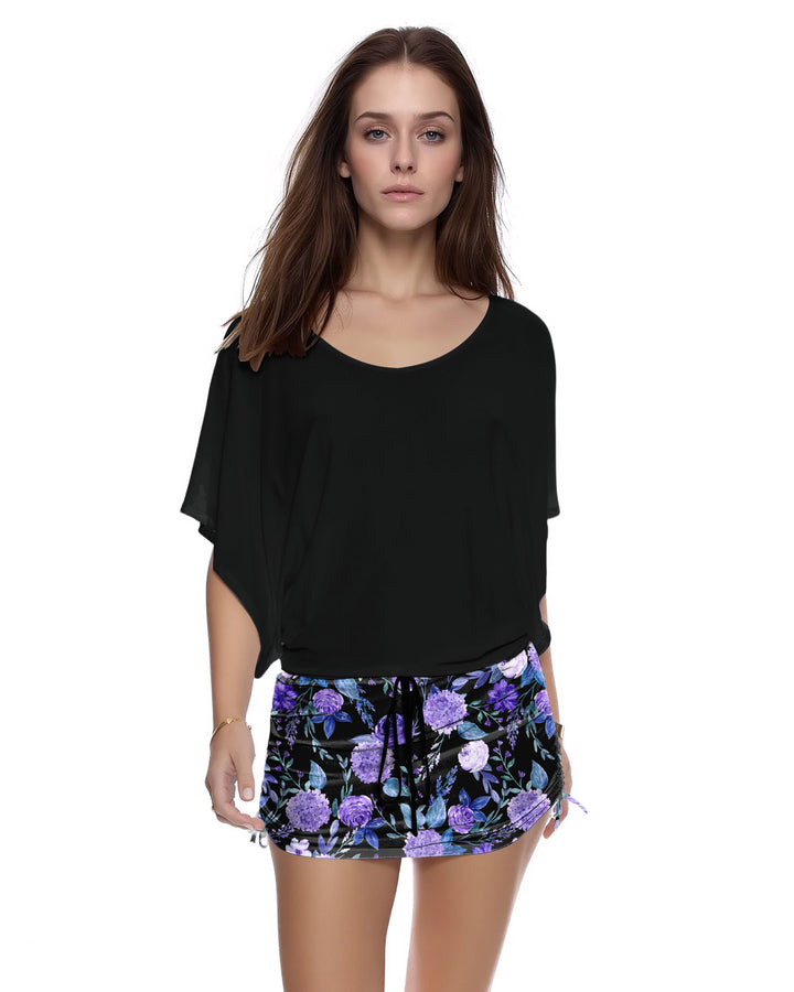 Pure Black Patchwork Purple Enchantress Printed Batwing Sleeve Drawstring Side Pleat Dress