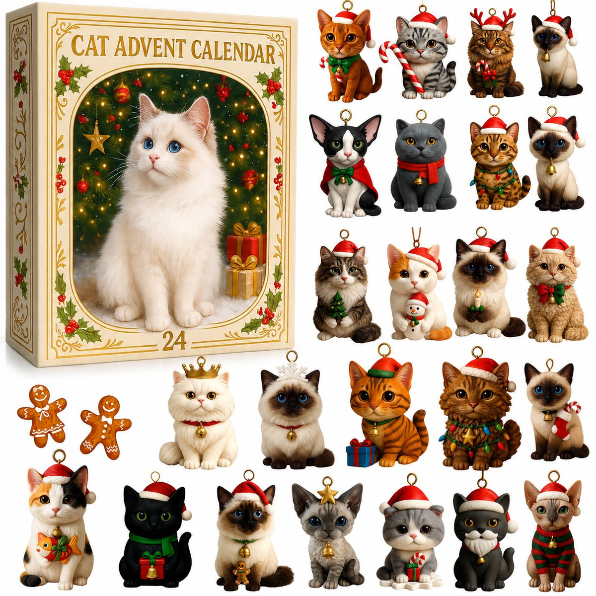 Advent Calendar 2026 3D Cat Advent Calendar Gift for Adults Friends Cat Owners and Lovers Christmas Holiday Countdown Gift 24 Designs Cats Charm Christmas Tree Ornament