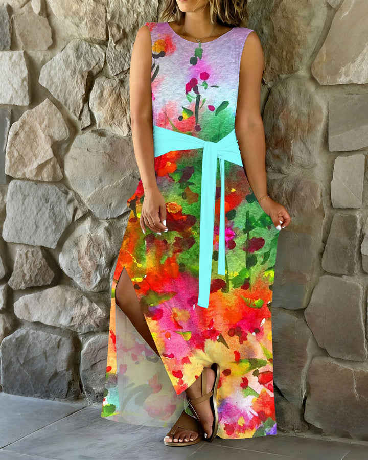Watercolor Floral Print Maxi Dress With Belt