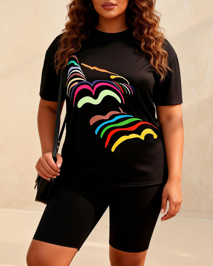 Rainbow Line Print Casual Shorts Set