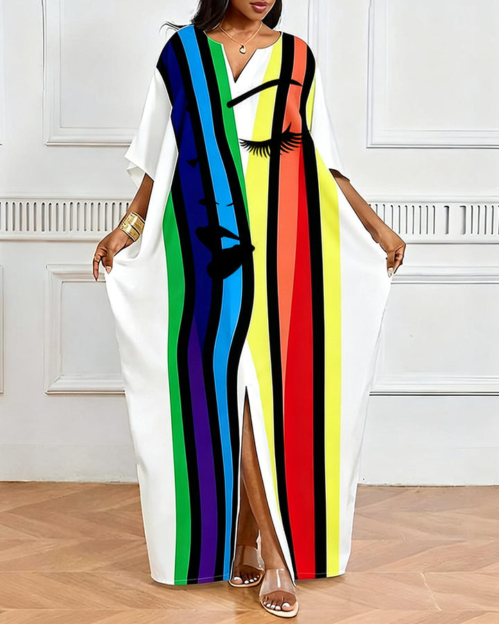 Rainbow Stripe Abstract Face V-Neck Casual Elegant Dress
