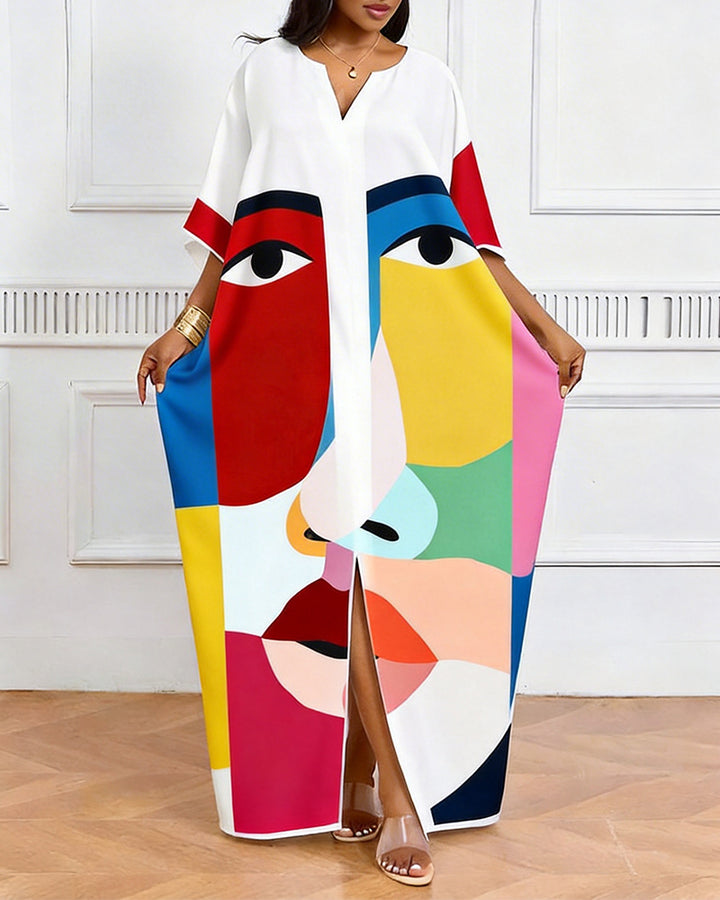 Geometric Stitching Contrast Face V-Neck Casual Elegant Dress