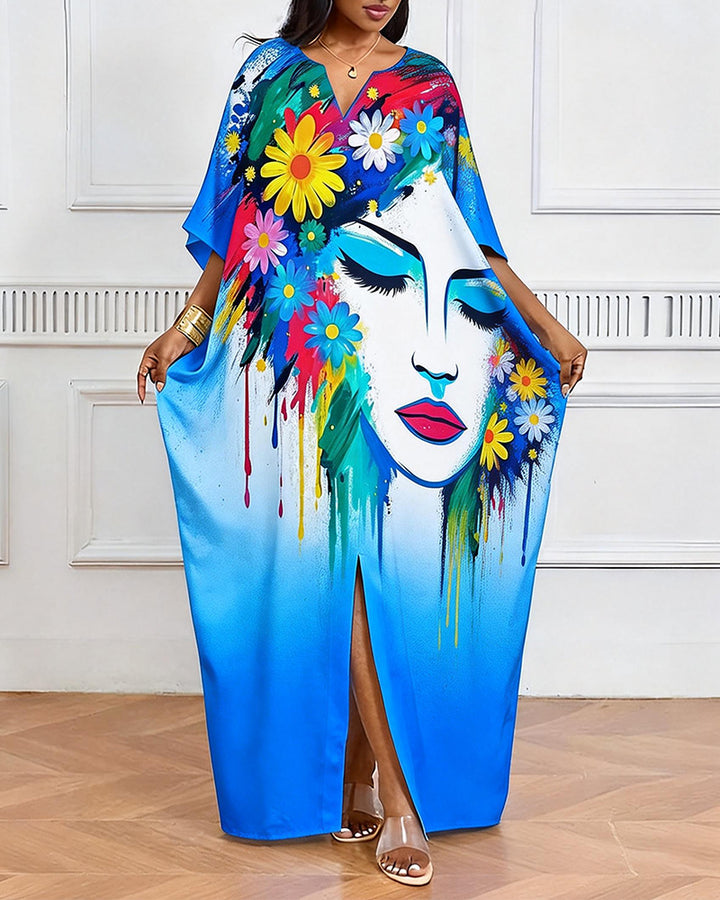 Painted Flower Face Gradient V-Neck Casual Elegant Dress