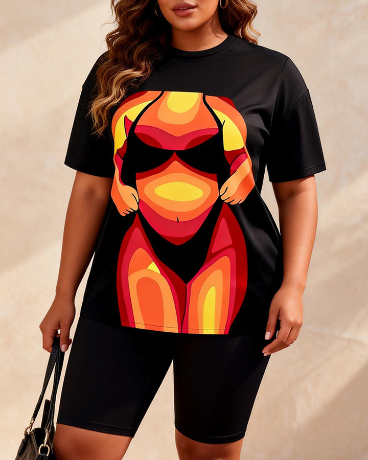 Orange Red Gradient Abstract Bikini Print Casual Shorts Set