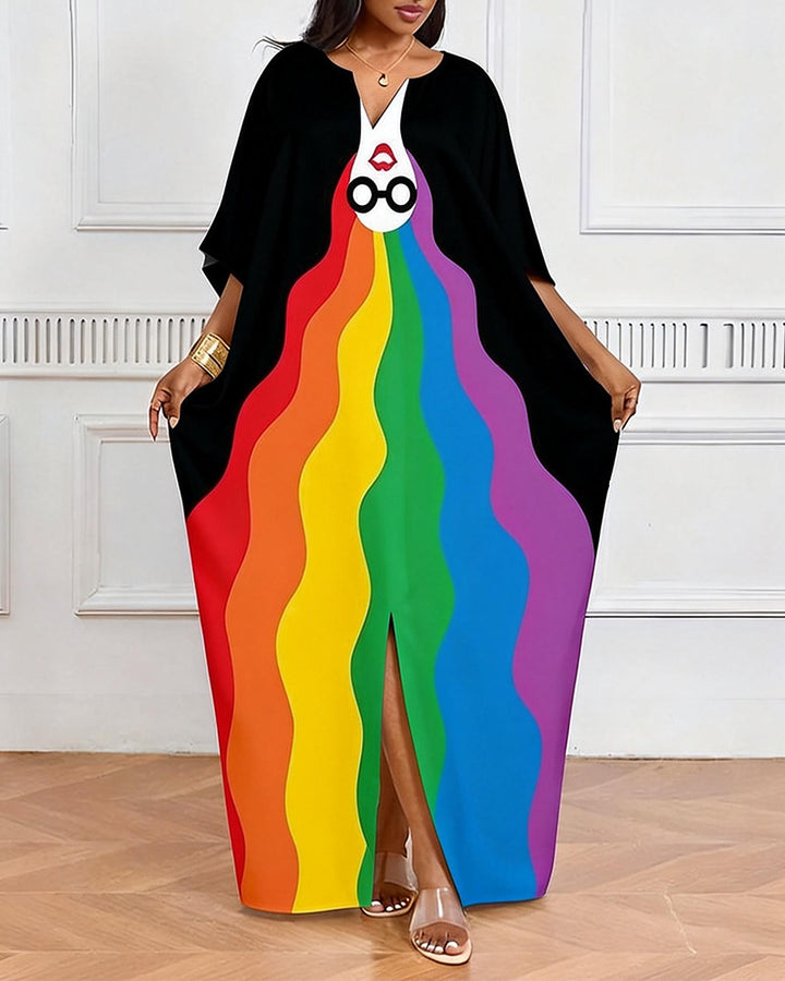Rainbow Wave Face V-neck Casual Elegant Dress