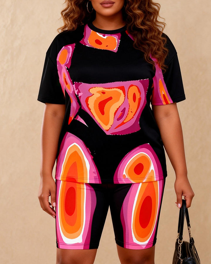 Pink Orange Gradient Geometric Figure Print Casual Shorts Set