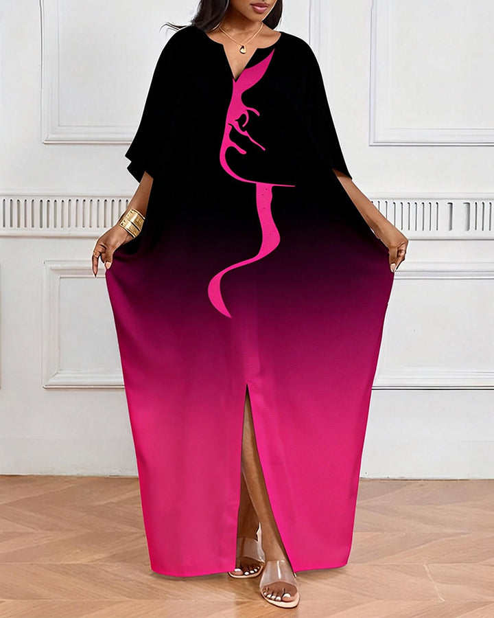 Black Powder Gradient Abstract Face Line V-neck Casual Elegant Dress