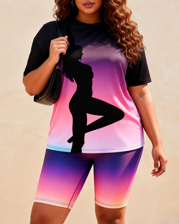 Pink And Purple Gradient Dancer Silhouette Print Casual Shorts Set