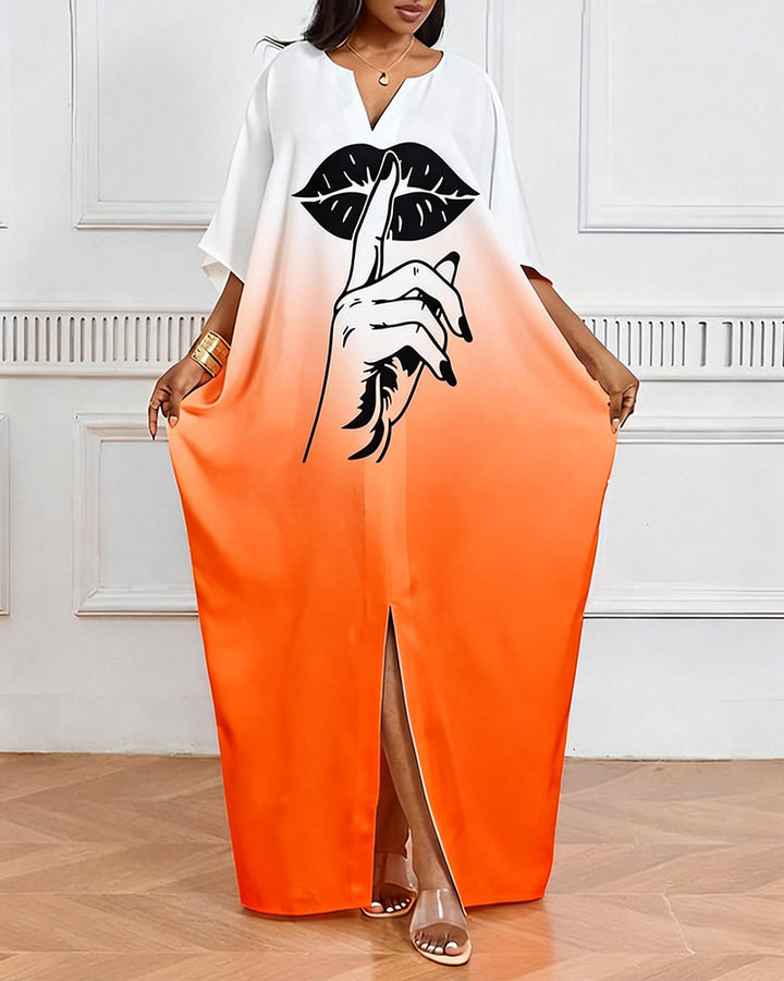 Gradient Orange Black Lip Print Gesture V-Neck Casual Elegant Dress