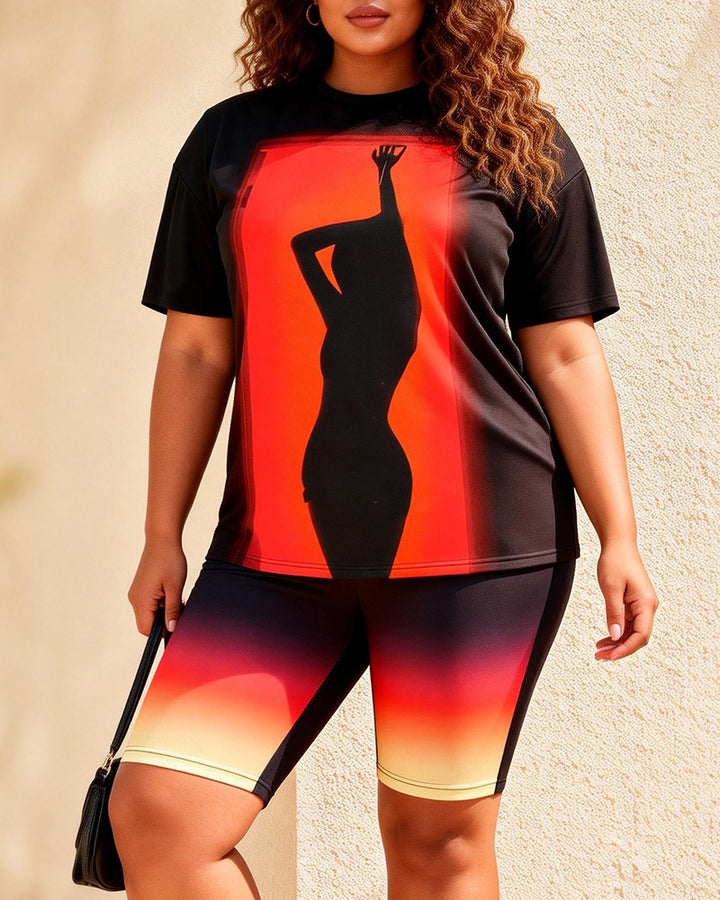 Gradient Dancer Silhouette Print Casual Shorts Set