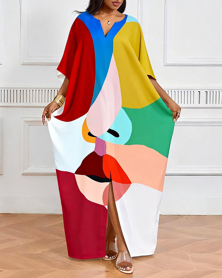 Contrast Geometric Face Stitching V-neck Casual Elegant Dress