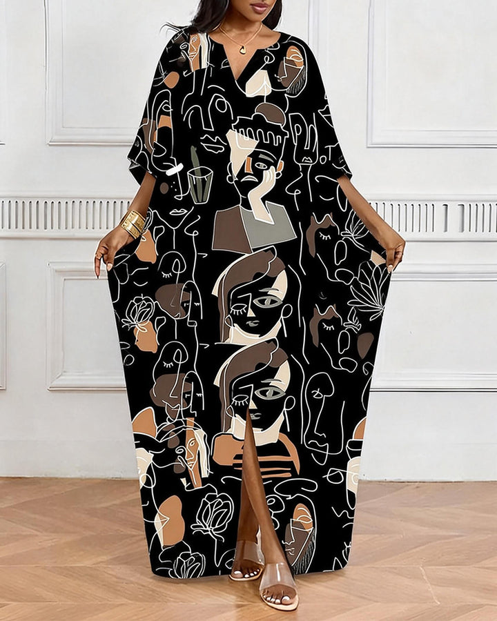 Black And White Gradient Abstract Face V-Neck Casual Elegant Dress