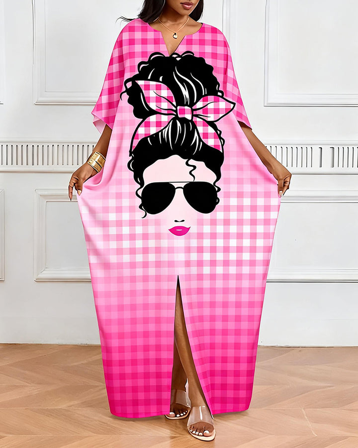 Pink Plaid Sunglasses Girl V-Neck Casual Elegant Dress