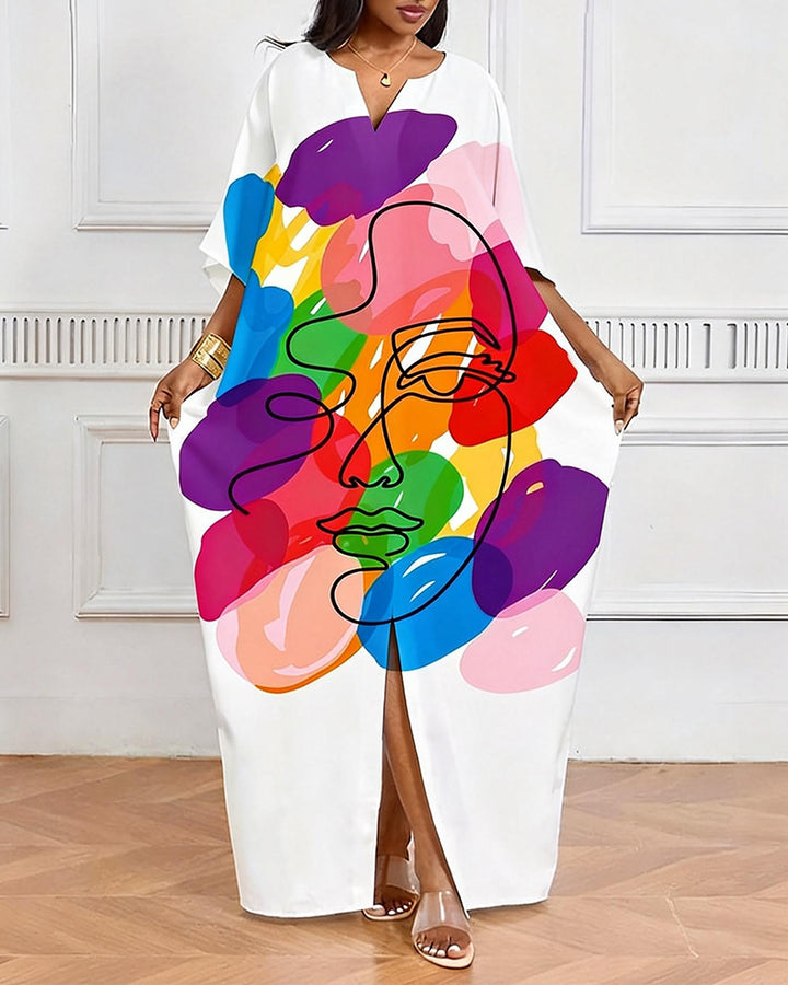 Colorful Splash Ink Line Face V-neck Casual Elegant Dress