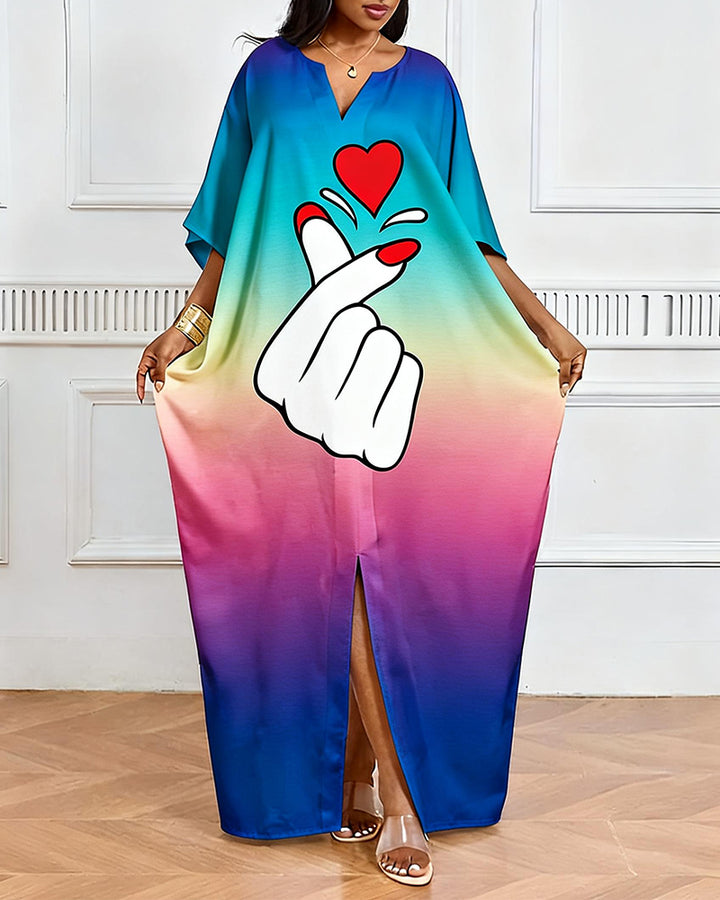 Gradient Rainbow Heart-to-Heart Gesture V-Neck Casual Elegant Dress
