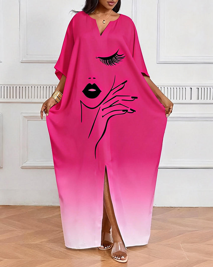 Pink Black Gradient Eyelash Red Lip V-Neck Casual Elegant Dress