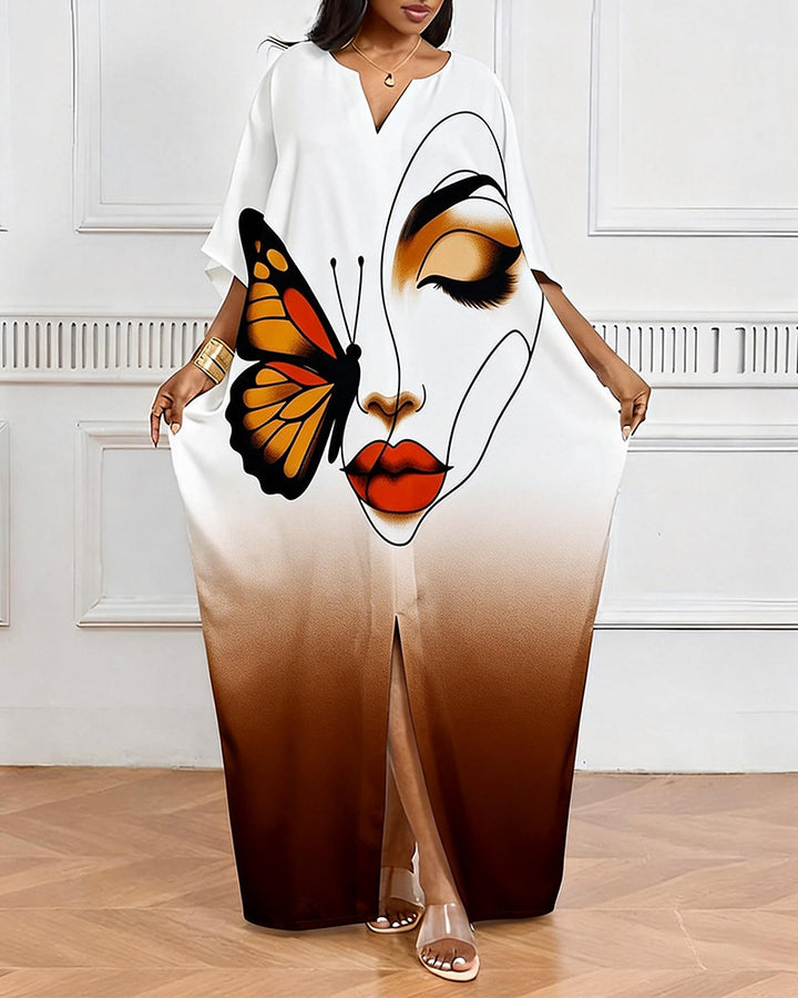 Gradient Brown Butterfly Face Line V-neck Casual Elegant Dress