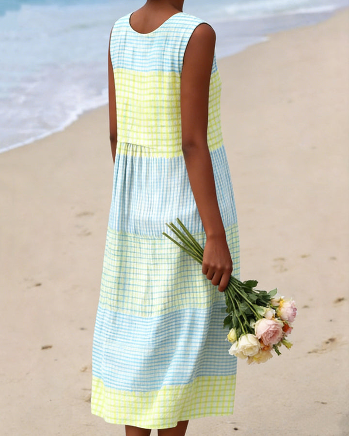 Plaid Patchwork Print Round Neck Pockets Casual Dress