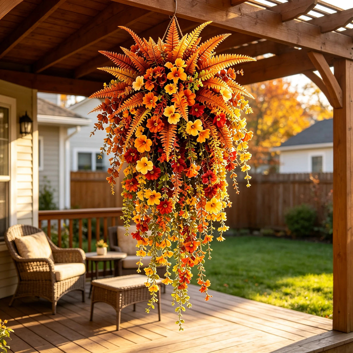 Artificial fern plant，autumn harvest-themed artificial floral hanging basket