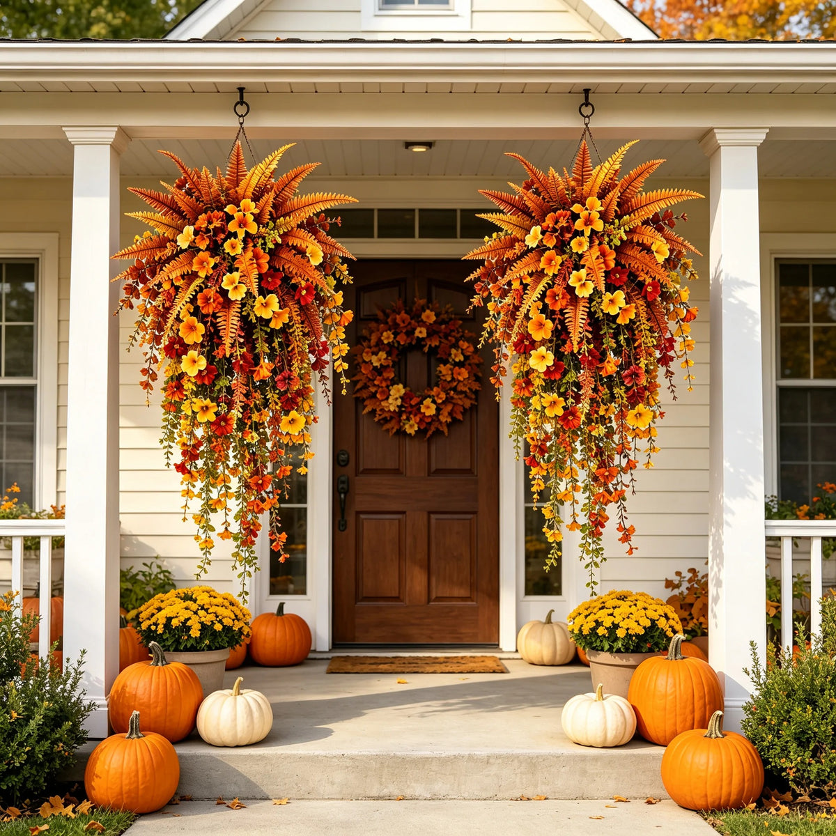 Artificial fern plant，autumn harvest-themed artificial floral hanging basket