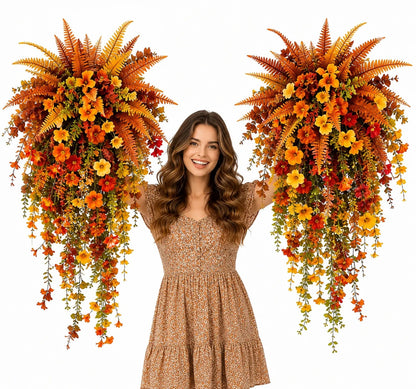 Artificial fern plant，autumn harvest-themed artificial floral hanging basket