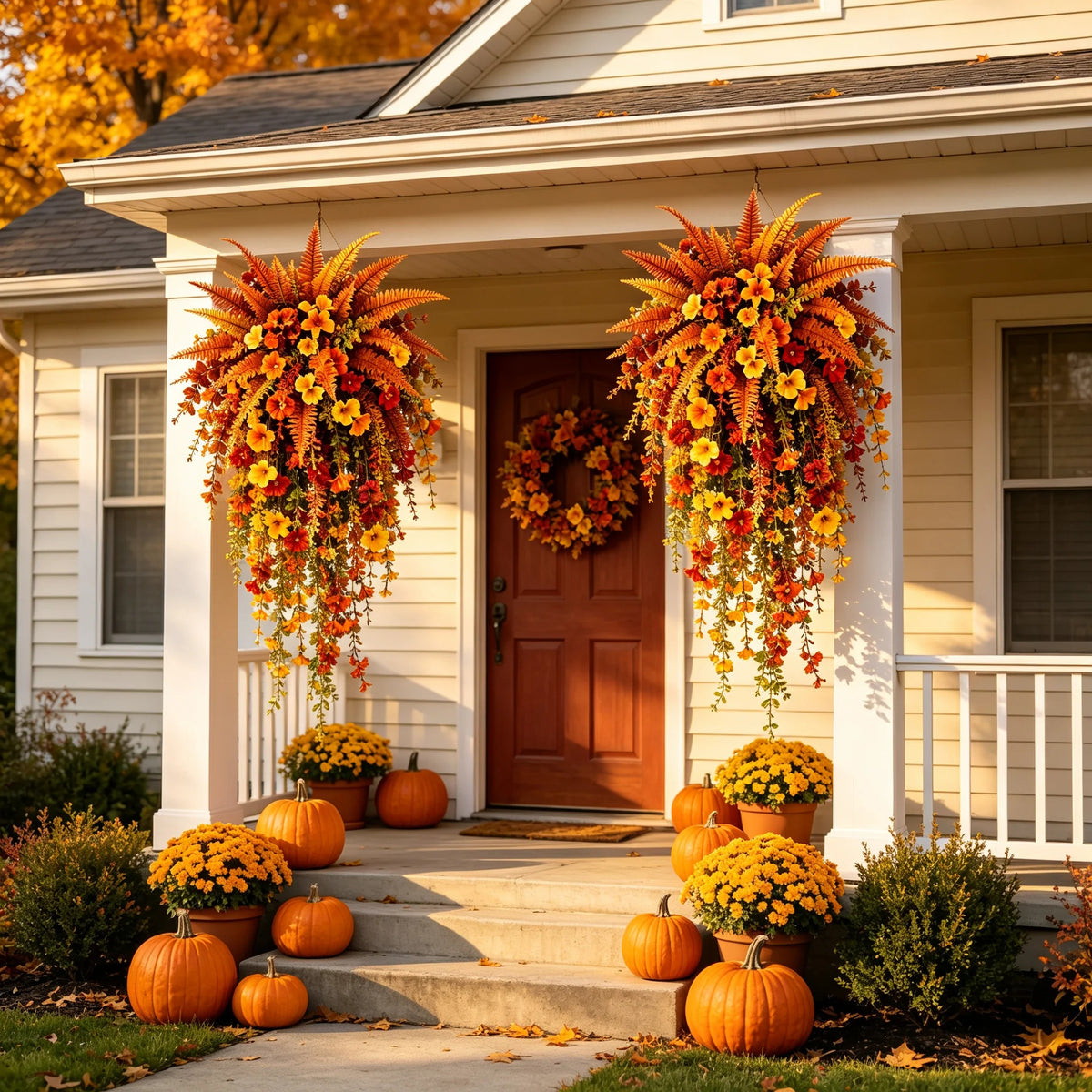 Artificial fern plant，autumn harvest-themed artificial floral hanging basket
