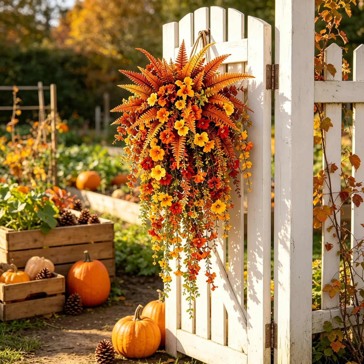 Artificial fern plant，autumn harvest-themed artificial floral hanging basket