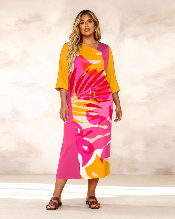 Irregular Collar Color Tropical Blade Print Mid-Sleeve Straight Maxi Dresses