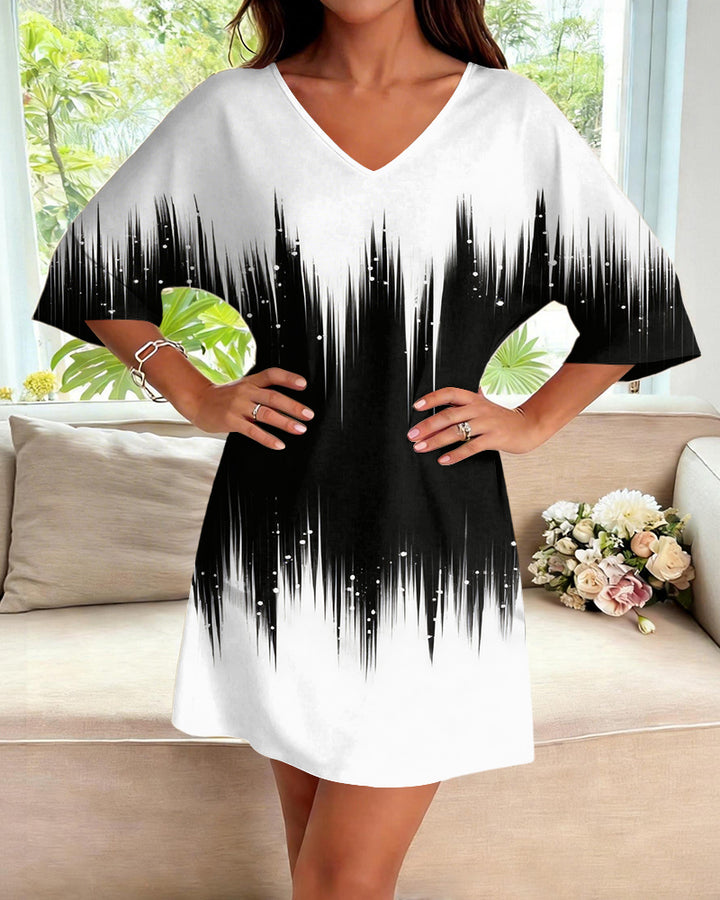 Black And White Sonic Gradient Print V-Neck Mini Dresses