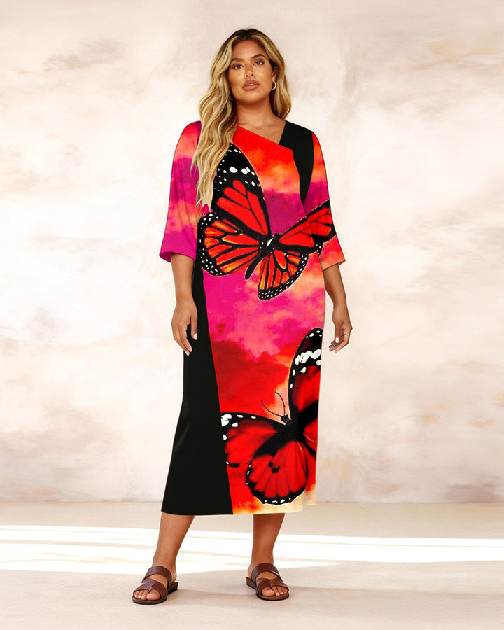 Irregular Collar Flaming Red Butterfly Stitching Printed Middle Sleeve Straight Maxi Dresses