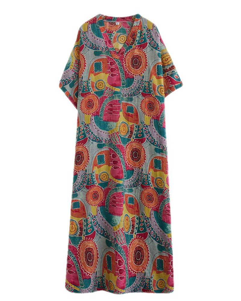 Vintage Ethnic Abstract Print V-Neck Dress