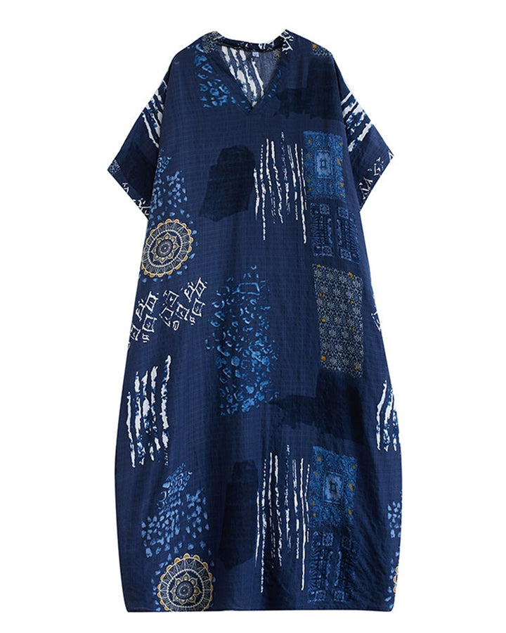 Tibetan Ethnic Geometric V-neck Cotton-linen Dress