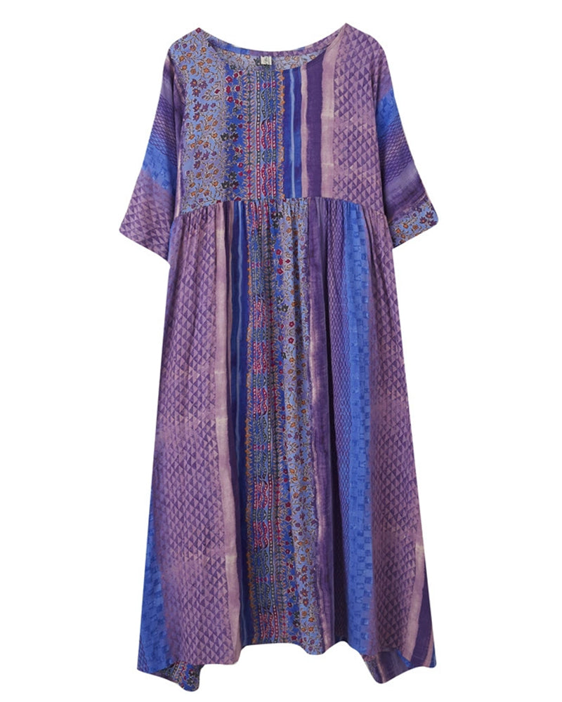 Purple And Blue Ethnic Style Stitching Mid-sleeve Large-swing Dress