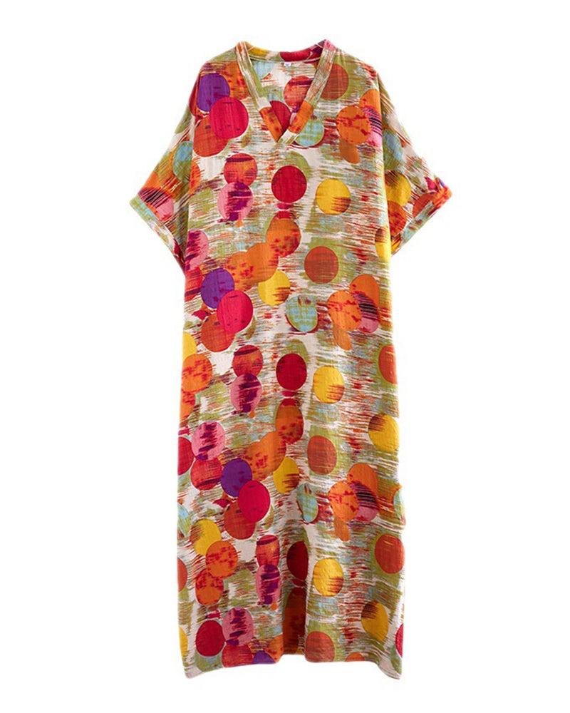 Colorful Polled V-neck Cotton-linen Loose Dress