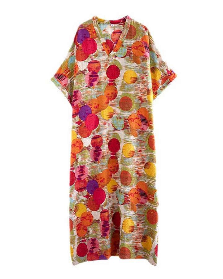 Colorful Polled V-neck Cotton-linen Loose Dress