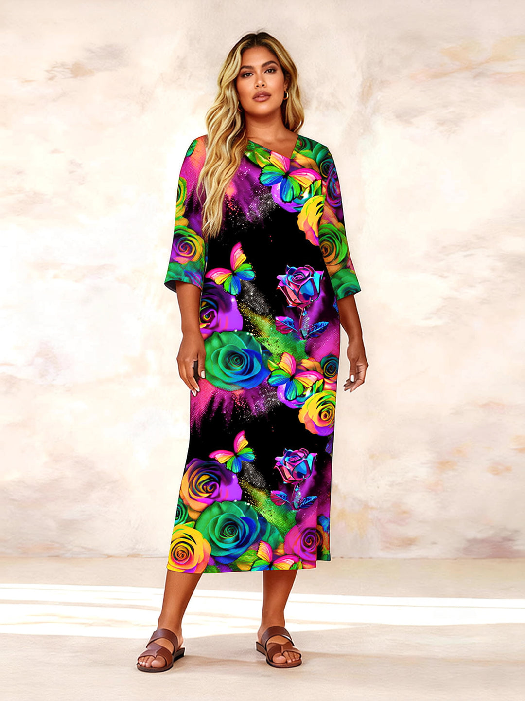 Irregular Collar Colorful Butterfly Rose Print Mid-Sleeve Straight Maxi Dresses