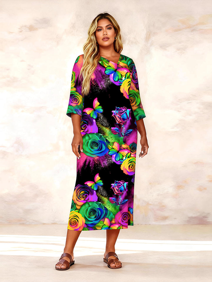 Irregular Collar Colorful Butterfly Rose Print Mid-Sleeve Straight Maxi Dresses