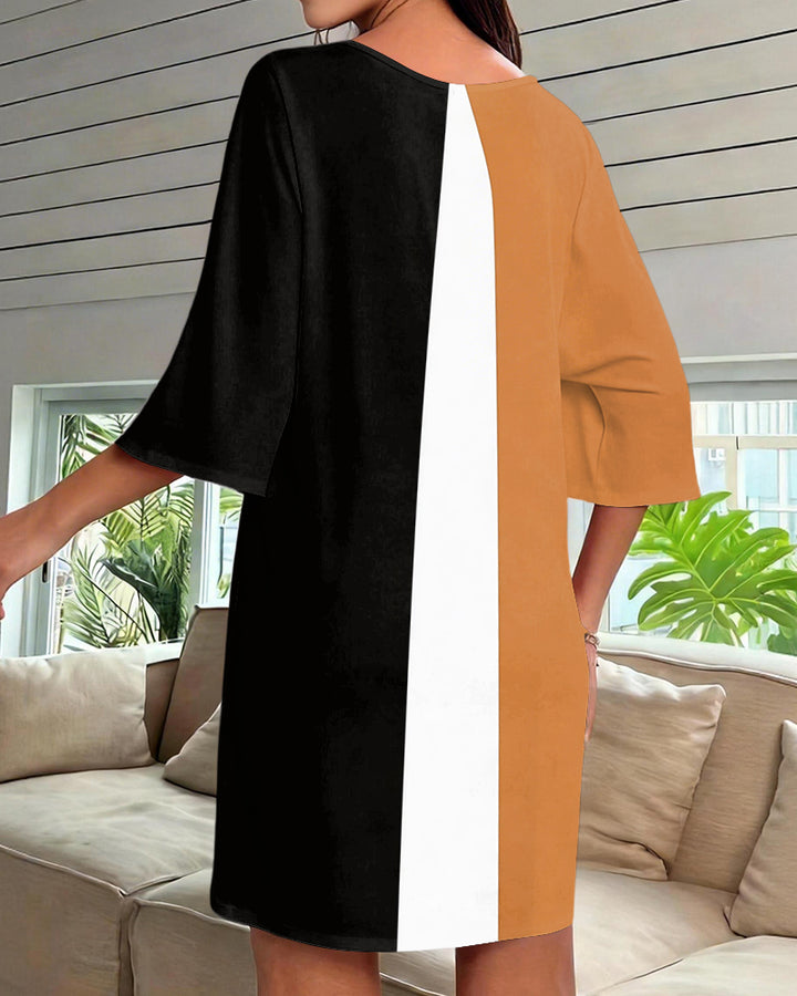 Tricolor Vertical Colorblock Printed V-Neck Mini Dresses