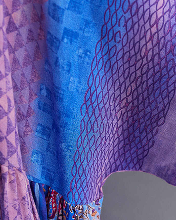 Purple And Blue Ethnic Style Stitching Mid-sleeve Large-swing Dress