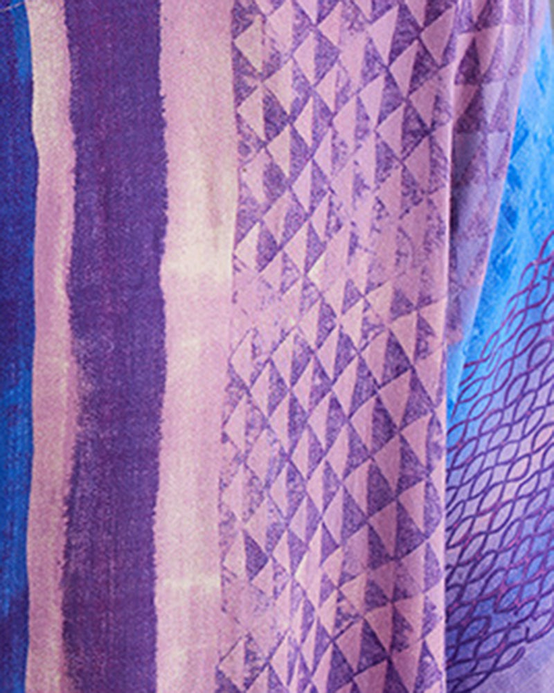 Purple And Blue Ethnic Style Stitching Mid-sleeve Large-swing Dress